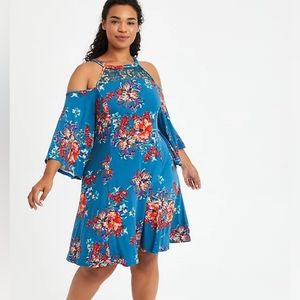 COLD SHOULDER FIT & FLARE DRESS - SUPER SOFT FLORAL BLUE